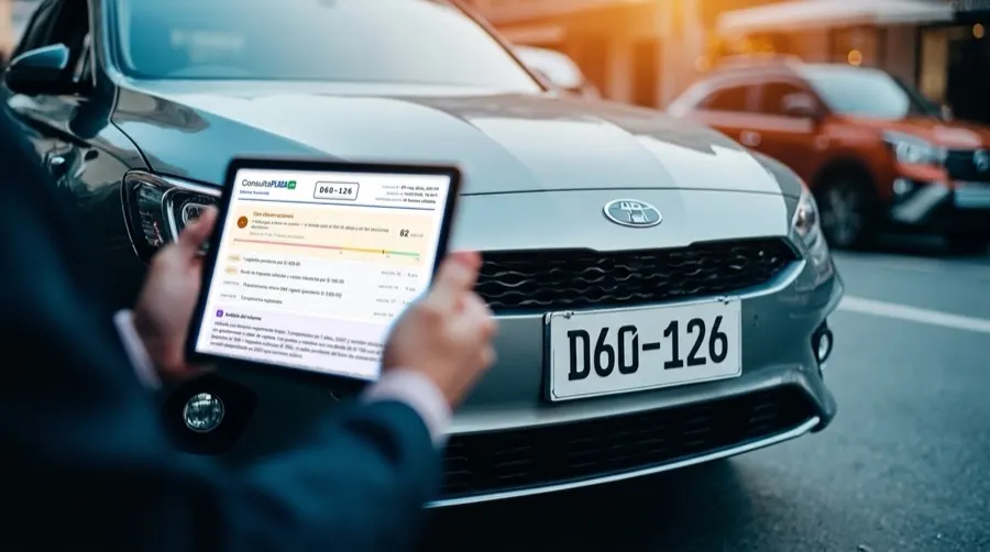 Informe vehicular de ConsultaPlaca en una tablet, frente a un auto con placa D60-126