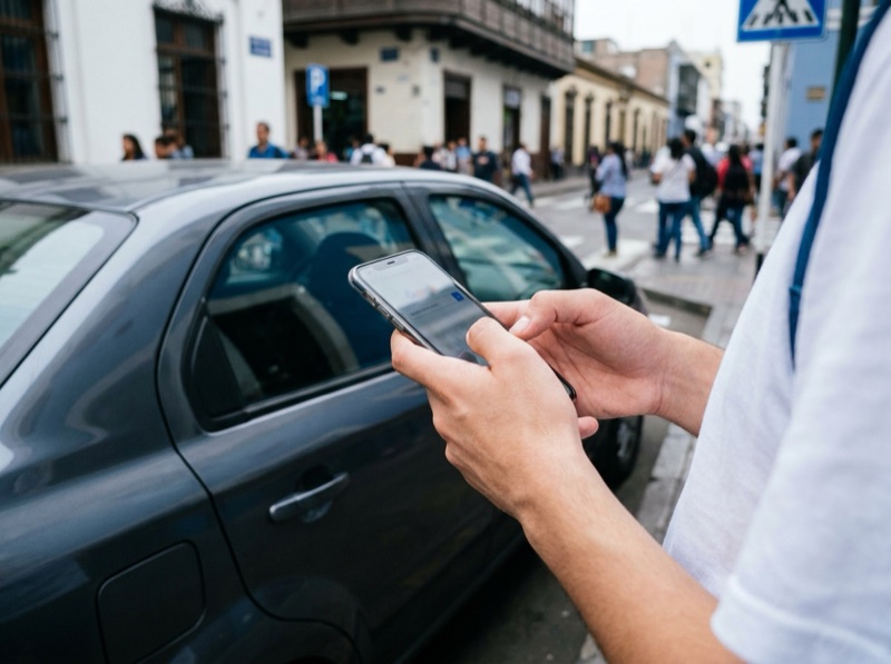 Persona escribiendo una placa en su celular junto a un auto